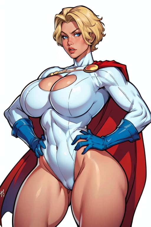 masterpiece,best quality,extreme detail,8k,(white background),<lora:powergirl-10:0.6>,powergirl2,1girl,solo,breasts,looking at viewer,short hair,blonde hair,large breasts,blue gloves,pantyhose,thighs,cape,leotard,lips,hand on hip,bodysuit,hands on hips,red cape,superhero,