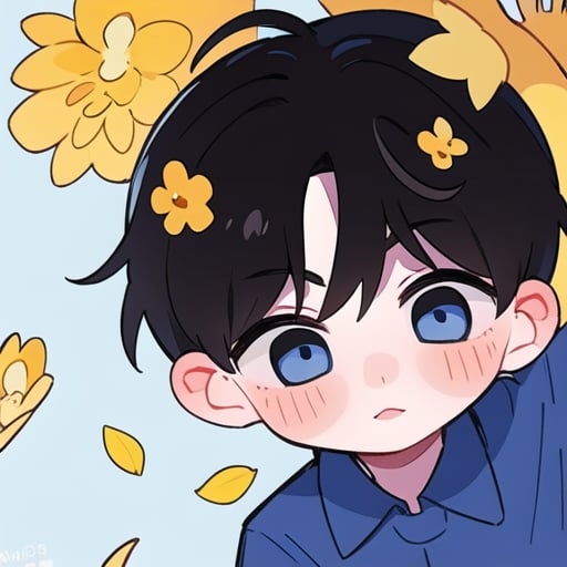 chibi,(((masterpiece))),(((best quality))),((ultra-detailed)),(illustration),depth of field,high saturation,(ultra-detailed hair:1.2),beautiful detailed face, <lora:pingtu:1>,1boy, black_hair, blue_eyes, blue_shirt, blush, flower, ginkgo_leaf, leaf, lemon, long_sleeves, male_focus, orange_flower, petals, shirt, simple_background, solo, upper_body, yellow_flower