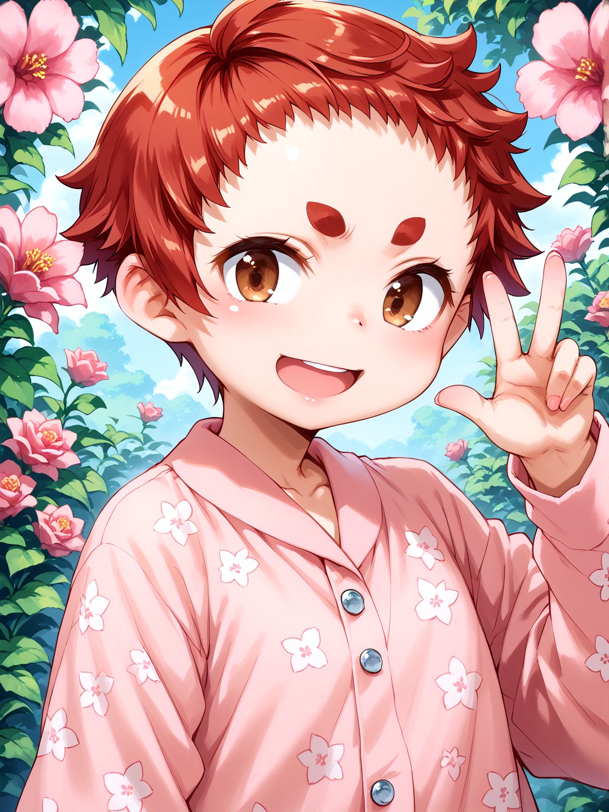 score_9, score_8_up, score_7_up, score_anime, masterpiece, best quality, beautiful scenery, floral background, <lora:TetsuP:1> TetsuP, 1girl, solo, (pov:0.5), upper body, smile, open mouth, very short hair, buzz cut, red hair, brown eyes, flat chest, thick eyebrows, v-shaped eyebrows, pink pajamas