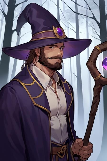 score_9, score_8_up, score_7_up, rating_safe, 1boy, solo, male focus, mature male, wizard, long hair, brown hair, black eyes, looking at viewer, hat, facial hair, beard, mustache, staff, wizard hat, purple hat, shirt, collared shirt, robe, purple robe, cloak, holding, holding staff, upper body, standing, outdoors, forest, nature, tree, fog, dark background <lora:Smooth Anime 2 Style SDXL_LoRA_Pony Diffusion V6 XL:0.8>