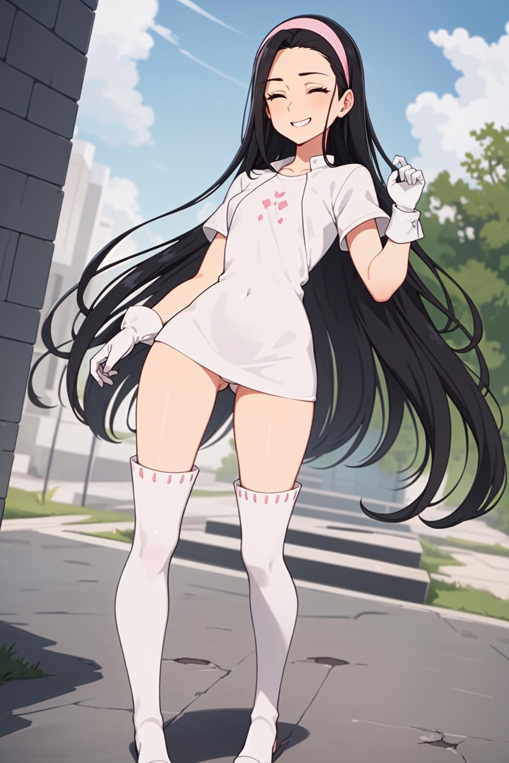 (masterpiece, best quality,ultra detailed),mature,Guila,shinny skin,single bangs,black hair,(sexy,smirk,white dress, suit,crotch,long gloves, motif,white boots),short sleeves,closed eyes,outdoors,standing,1girl,pink headband,long hair,slim,<lora:Guila-000003:0.5>