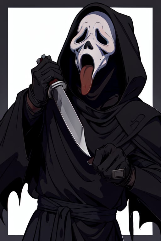 masterpiece,best quality,extreme detail,8k,white background,<lora:ghostface:0.8>,ghostface,solo,simple background,gloves,1boy,holding,upper body,male focus,tongue,black gloves,hood,tongue out,mask,border,bottle,cloak,hood up,robe,black robe,hooded robe,holding phone,holding knife