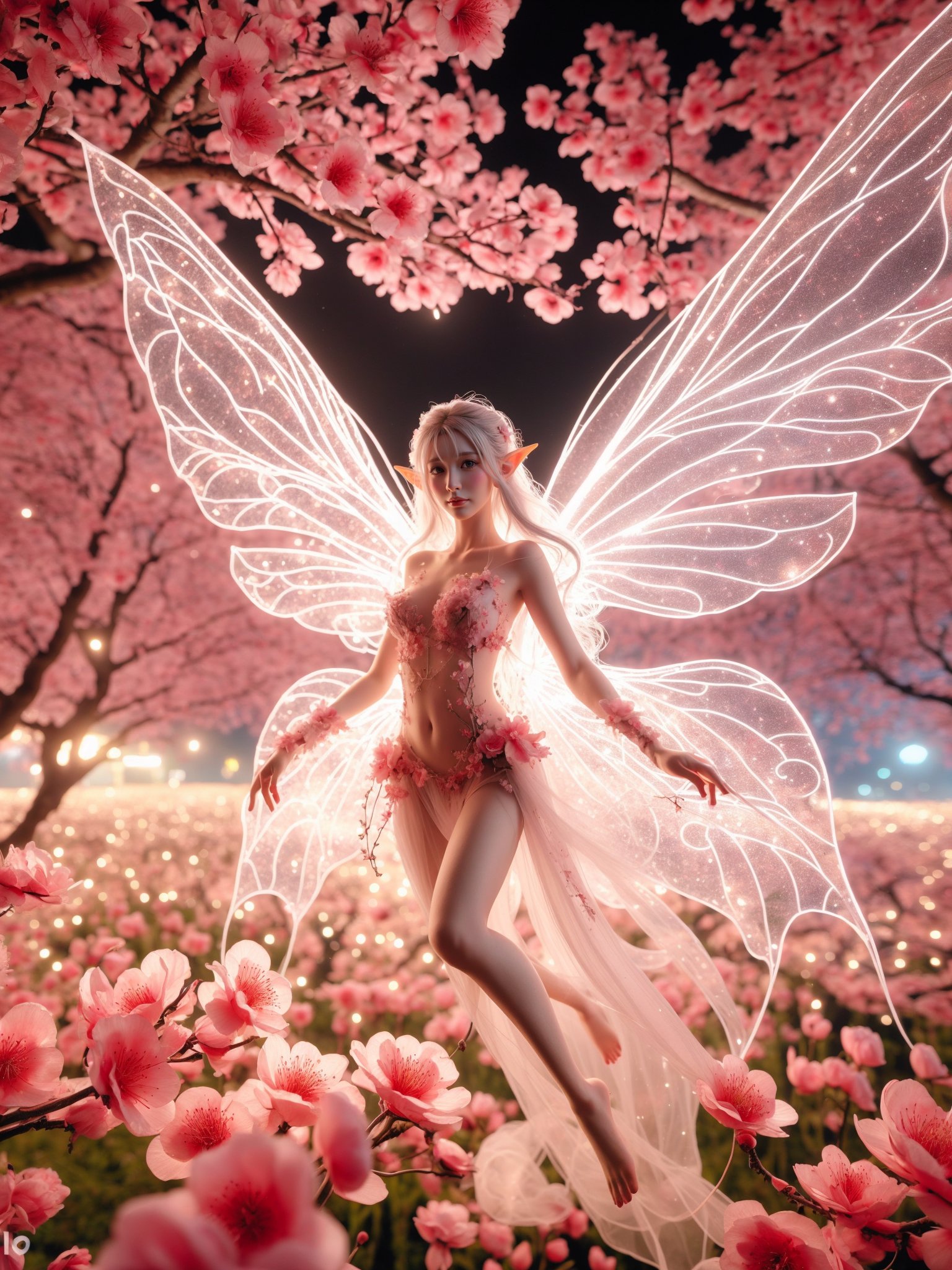 peach_blossom, 1girl, solo, wings, flower, pointy ears, fairy, long hair, barefoot, tree, white hair, glowing, fairy wings,looking at viewer <lora:kim_彼岸花精灵_v1:0.85>