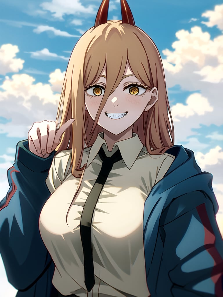 Power \(chainsaw man\), long hair, cloud, looking at viewer, demon horns, blue sky, day, outdoors, yellow eyes, hood, blonde hair, anime coloring, red horns, cloudy sky, jacket,csm anime style, <lora:Power:1> <lora:csm_anime_style_offset:1>, intricate details, masterpiece, grin