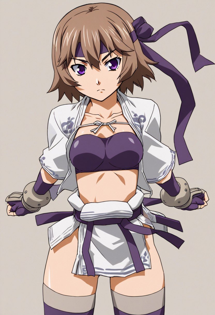 1girl, belt, bra, brown hair, dougi, gloves, fingerless gloves, headband, headwear, pantsu, purple eyes, short hair, tighhighs,