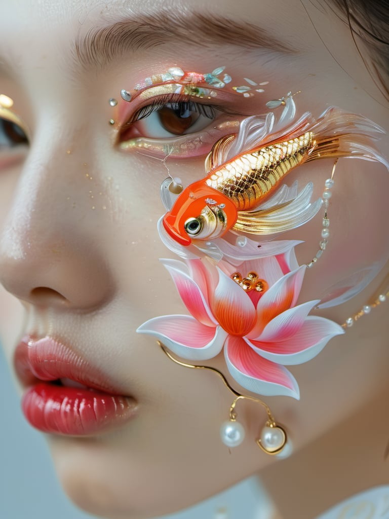 zhuangrong,1girl,brown eyes,solo,pink lotus,goldfish,earrings,close-up,realistic,jewelry,lips,brown hair,looking at viewer,makeup,blurry,portrait,parted lips,eyelashes,<lora:xlgfzr:0.9>,