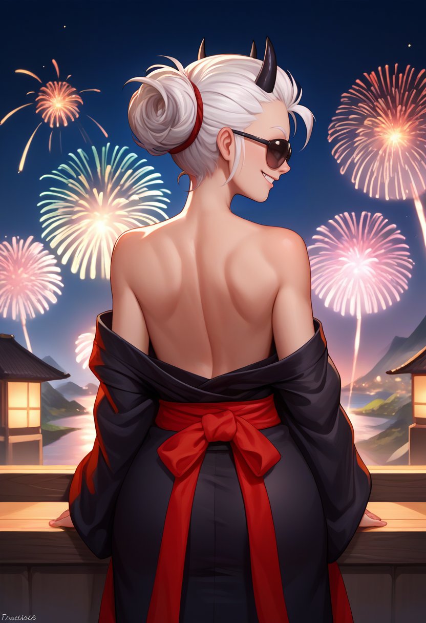 score_9, score_8_up, score_7_up, source_anime, from behind, solo, 1girl, justicedef, smile, looking back, short hair, black horns, demon horns, sunglasses, black kimono, off shoulder, red sash, bare shoulders, fireworks <lora:helltaker_justice_ponyXL:1>