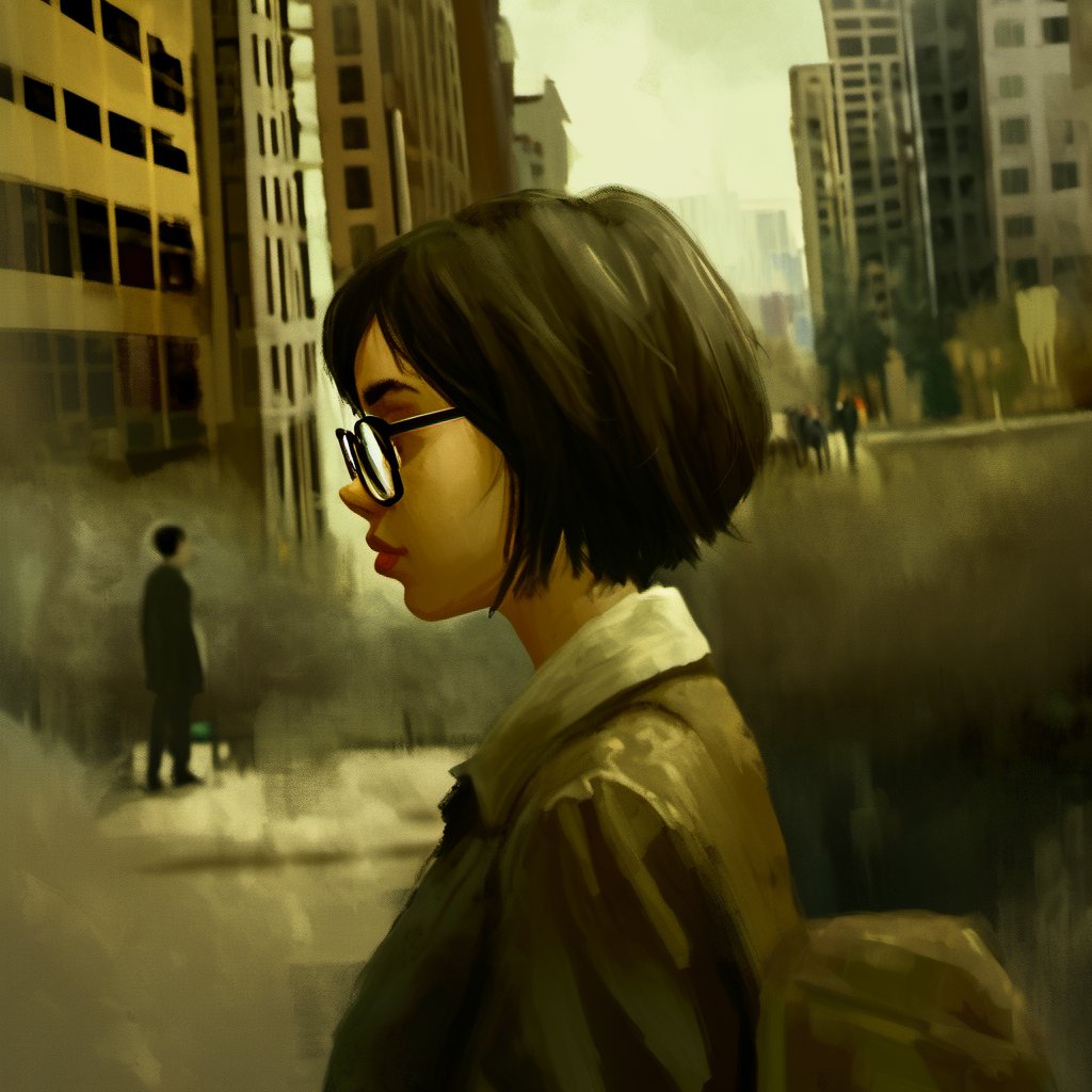 <lora:loneliness_xl_v2:0.8>,The image portrays a side profile of a young individual with short,dark hair and glasses. They are gazing into the distance,with a contemplative expression. The setting appears to be an urban environment,possibly a cityscape,with tall buildings and structures in the background. The atmosphere is somewhat somber,with a muted color palette dominated by grays and browns. The image has a painterly quality,suggesting it might be an artwork or a digital illustration.,young individual,short dark hair,glasses,side profile,urban environment,cityscape,tall buildings,muted color palette,painterly quality,artwork or digital illustration,