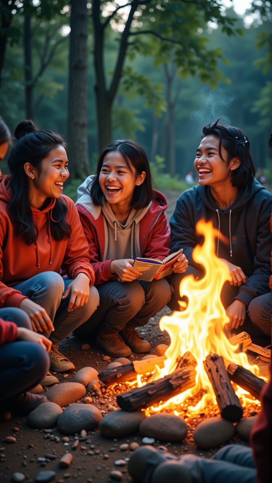 A professional photo of a group of diverse teenagers laughing and sharing stories around a campfire