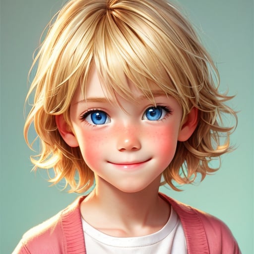 A blond boy, about 7-years-old,  with short messy hair, blue eyes, rosy cheeks and a sassy smile  <lora:nkids:0.75>