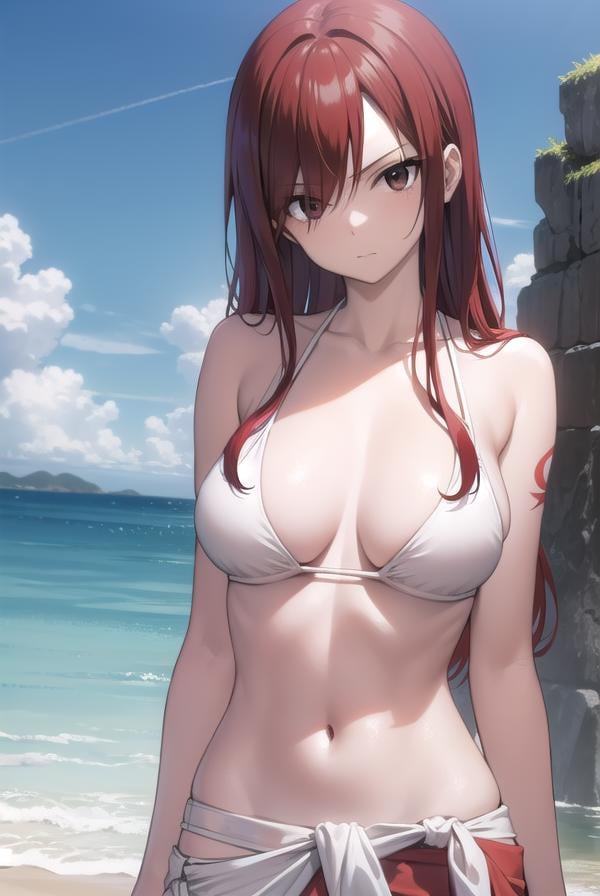 erzascarlet, <lora:erza scarlet v2-lora-nochekaiser:1>,erza scarlet, long hair, (red hair:1.5), hair between eyes, (brown eyes:1.7),BREAK navel, swimsuit, bikini, tattoo, white bikini, (sarong:1.5),BREAK outdoors, beach,BREAK looking at viewer,BREAK <lyco:GoodHands-beta2:1>, (masterpiece:1.2), best quality, high resolution, unity 8k wallpaper, (illustration:0.8), (beautiful detailed eyes:1.6), extremely detailed face, perfect lighting, extremely detailed CG, (perfect hands, perfect anatomy),