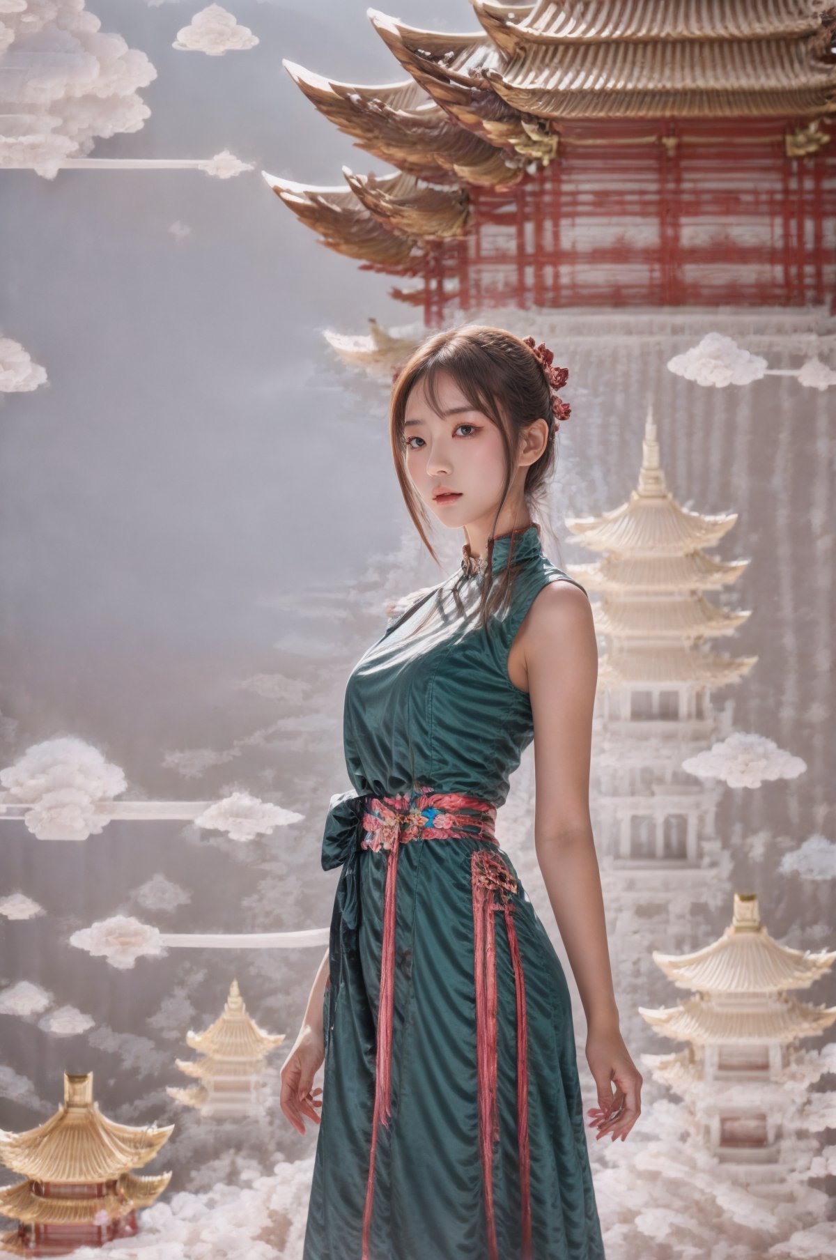 1 girl,pagoda,cloud,