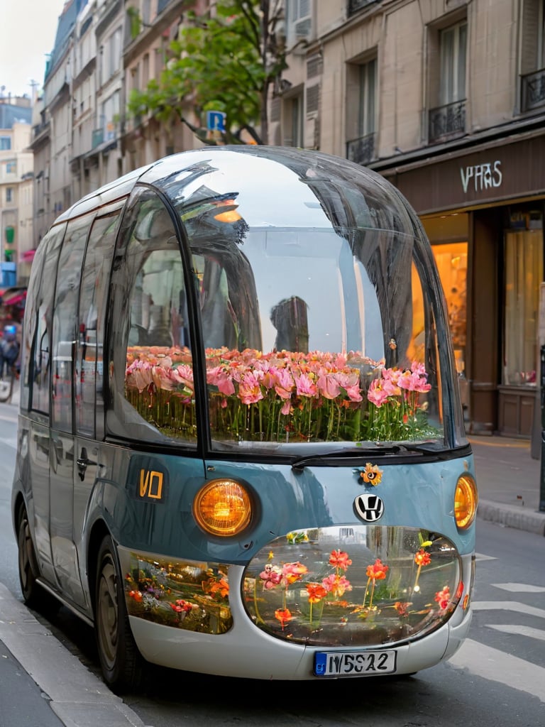 <lora:hhdb-XL:0.8>,hhdb01,ground vehicle,scenery,flower,motor vehicle,outdoors,road,lamppost,day,car,street,city,sign,building,window,reflection,no humans,