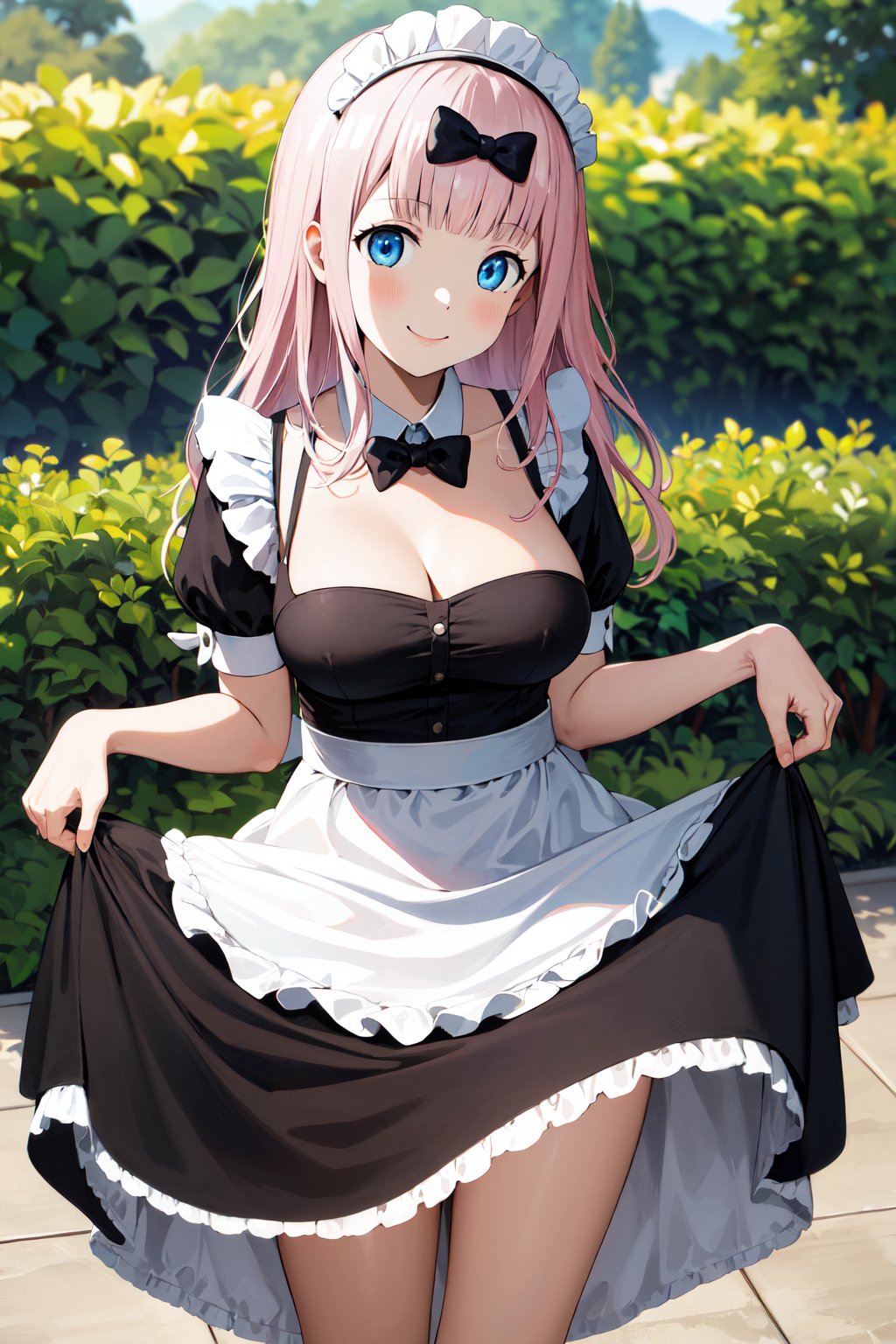 masterpiece, best quality, highres, aachika, long hair, hair bow, <lora:fujiwara_chika_v2:0.7>, maid, maid headdress, cowboy shot, standing, garden, skirt hold, smile