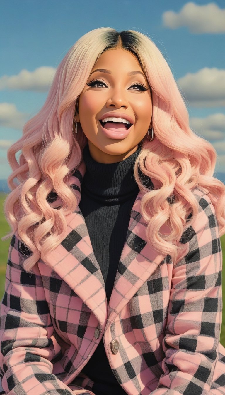 by Guillermo Del Toro, Verdure Tapestry, Pencil painting of a Lovely (Nicki MInaj wearing A light pink and black checkered coat with a black turtleneck while Clenching jaw:1.2) , happy, Sitting with hands around ankles, Platinum hair, Pores, Clear skies, soft focus, American Scene Painting, Concept artist, key visual, HDR, laughing uncontrollably super funny 