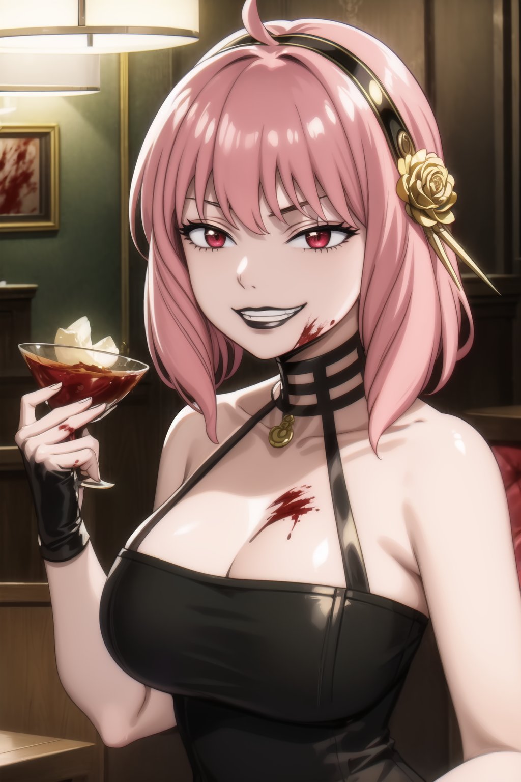 ((best quality)), ((highly detailed)), masterpiece, ((official art)), ((holding weapon)), (blood:1.3), (lips), black lips:1.3, makeup:1.2, lipstick:1.2, indoors, bar stack, anya forger, sitting, bangs, short hair, pink hair, ahoge, hair ornament, grin, smirk, gold hairband, hair ornament, gold earring, large breasts, choker, bare shoulders, black dress, two-sided dress, fingerless gloves, thigh boots, makeup, (confident, sexy),, (cyberpunk:1.2), girl, dramatic reveal, suspenseful, urban environment, mysterious ambiance, dramatic lighting, cinematic scene, self-transformation, supernatural, otherworldly, metamorphosis, mystical, mystical energy, power awakening., intricately detailed, hyperdetailed, blurry background, depth of field, best quality, masterpiece, intricate details, tonemapping, sharp focus, hyper detailed, trending on Artstation, 1 girl, high res, official art, fantasy00d,fantasy00d,IncrsAnyasHehFaceMeme,black lips<lora:EMS-14325-EMS:0.800000>, <lora:EMS-93-EMS:0.400000>, <lora:EMS-88921-EMS:0.800000>, <lora:EMS-45712-EMS:0.500000>, <lora:EMS-401523-EMS:1.000000>