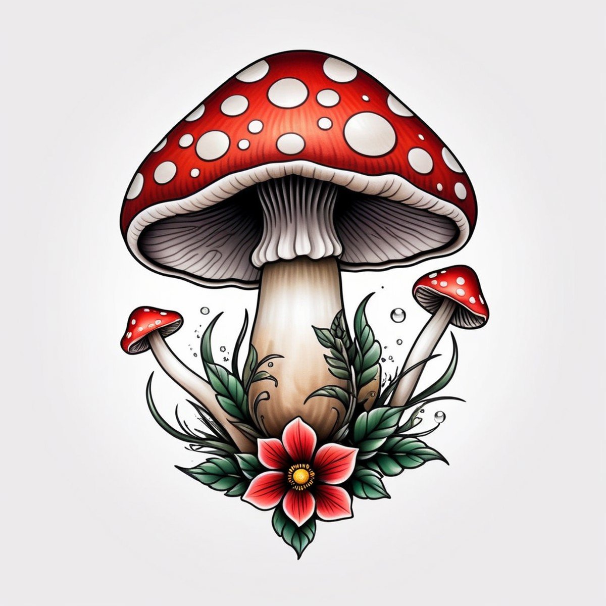 <lora:Traditional_Tattoos:0.65> mushroom in style of tr4dt4t, traditional tattoo, white background, 