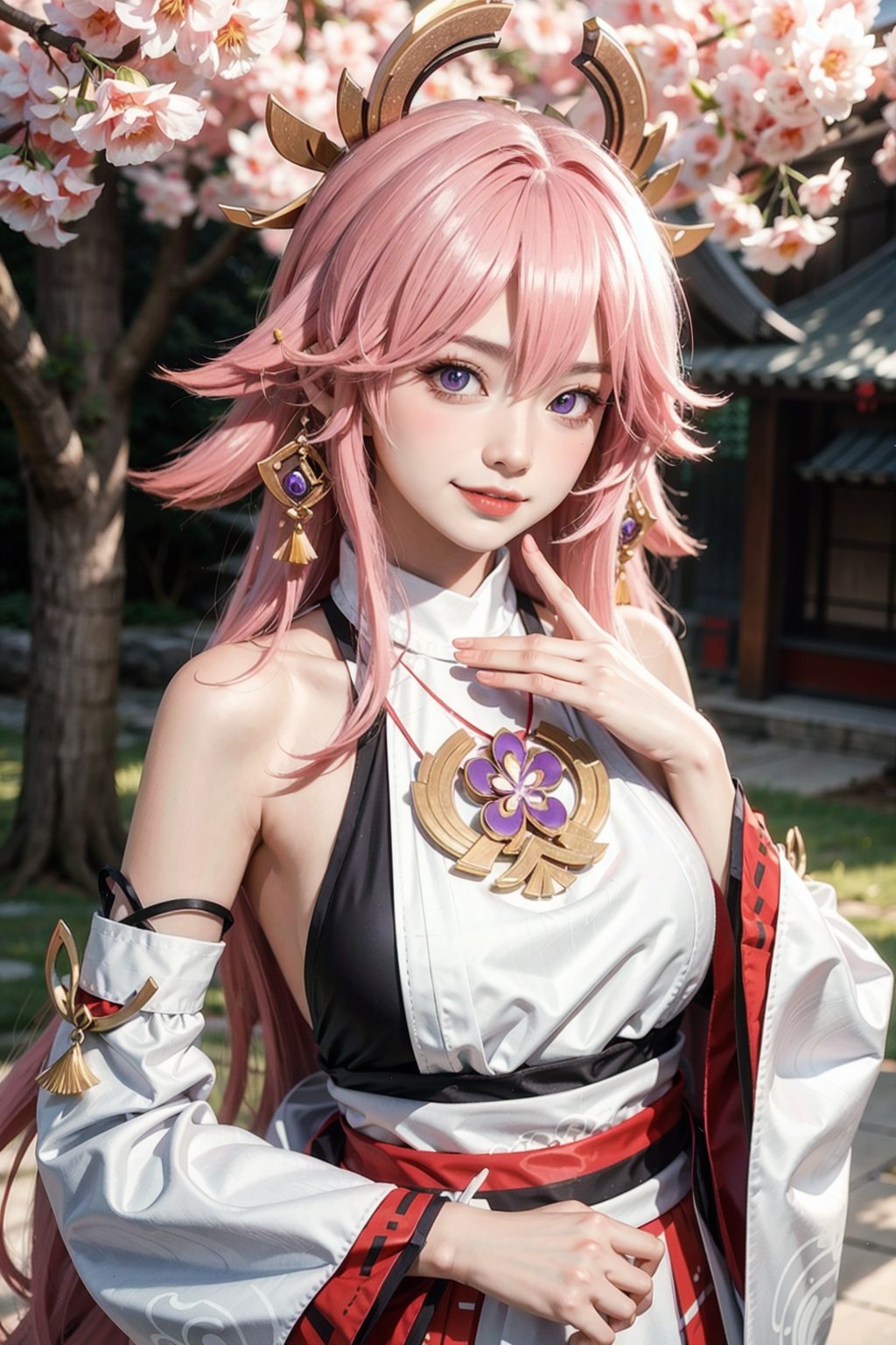 <lora:yae_miko:0.6>,yae_miko, smile,1girl, pink hair, purple eyes, long hair, fox ears, earrings, hair ornament, jewelry on the chest, yae miko's clothes, bare shoulders, detached sleeves, upper body, outdoors,sakura tree, sakura, sunshine