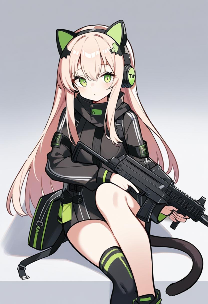 1girl, tmp \(girls' frontline\), girls' frontline, animal ear headphones, animal ears, axent wear, b&t mp9, bag, cat ear headphones, cat tail, duffel bag, fake animal ears, gun, headphones, holding, holding gun, knee up, holding weapon, looking at viewer, simple background, sitting, solo, submachine gun, tail, weapon, masterpiece, best quality, very aesthetic, absurdres,