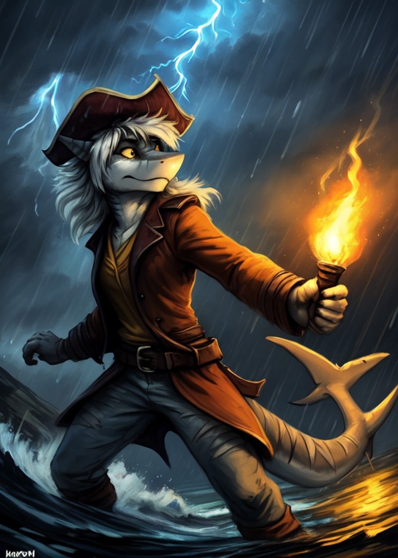 (traditional media, by Foxovh, by Haps, by Vincent Van Gogh, [by Kenket]),solo female (toony shark:1.25), (grey body, yellow eyes, small breasts, white hair),(grey pirate suit, red pirate hat, yellow shirt, bandage, belt, torch, melee weapon),(action pose, standing, half-length portrait, looking away:1.3),BREAK,(ocean, square sails, storm, lightning, raining, night, huge wave), (yellow light, blue light:1.25),detailed background, depth of field, shadow, ambient silhouette, backlighting,masterpiece, best quality, 4k, 2k, shaded, (high detail:1.3), absurd res