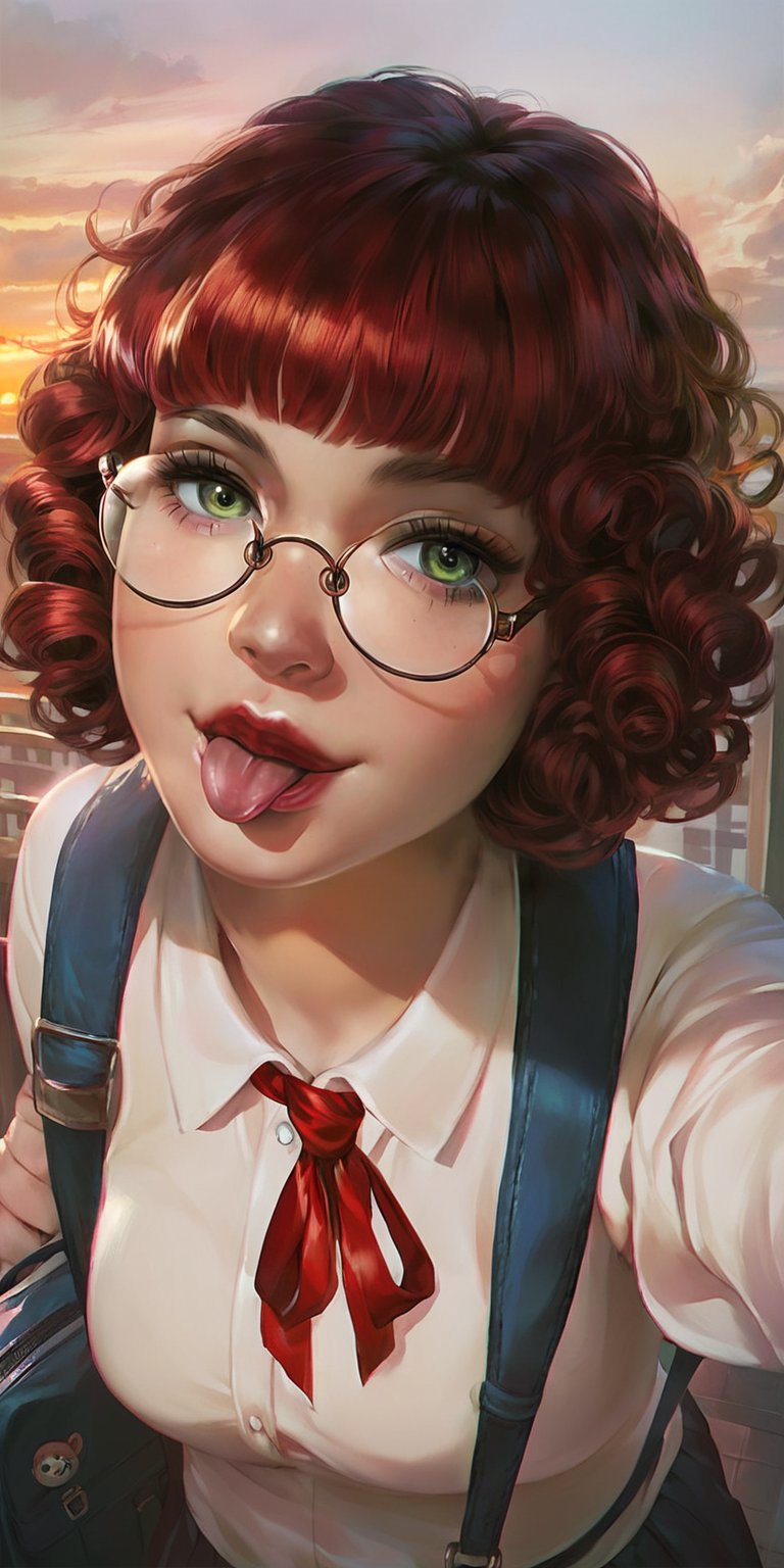 score_9, score_8_up, score_7_up, realistic, rating_safe, detailed city background, sunrise, 1girl, cute school_girl, short curly bob hair with fringe, red hair, green eyes, glasses, lipstick, bag, selfie, round glasses, seductive, tongue out, foreshortening<lora:EMS-432442-EMS:0.800000>