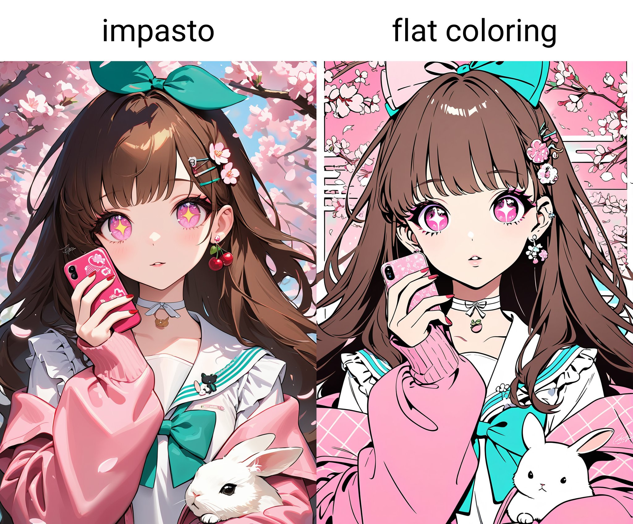 masterpiece,impasto,1girl, hair ornament, solo, bow, hairclip, brown hair, holding, earrings, jacket, phone, cherry blossoms, long sleeves, rabbit, looking at viewer, hair bow, jewelry, flower, nail polish, sailor collar, shirt, fruit, food-themed hair ornament, food, pink jacket, pink eyes, upper body, cellphone, white shirt, red nails, petals, frills, flower earrings, +_+, hand up, long hair, puffy long sleeves, animal, open clothes, choker, hair flower, parted lips, signature, frilled shirt collar, puffy sleeves, nail art, food-themed earrings, plaid, holding phone, open jacket, white choker, sleeves past wrists, white sailor collar