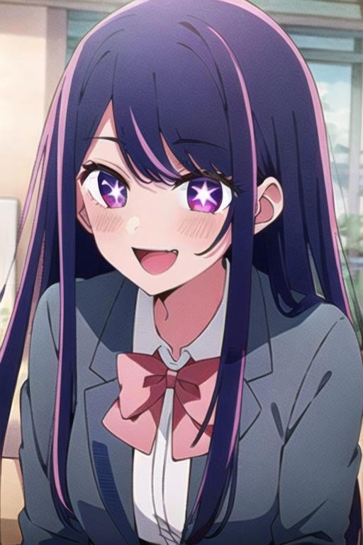 (masterpiece), hoshino ai, purple eyes, purple hair, star-shaped pupils, symbol-shaped pupils, 1girl, solo, long hair, school uniform, bow, smile, open mouth, jacket, shirt, red bow, black hair, white shirt, pink hair, bowtie