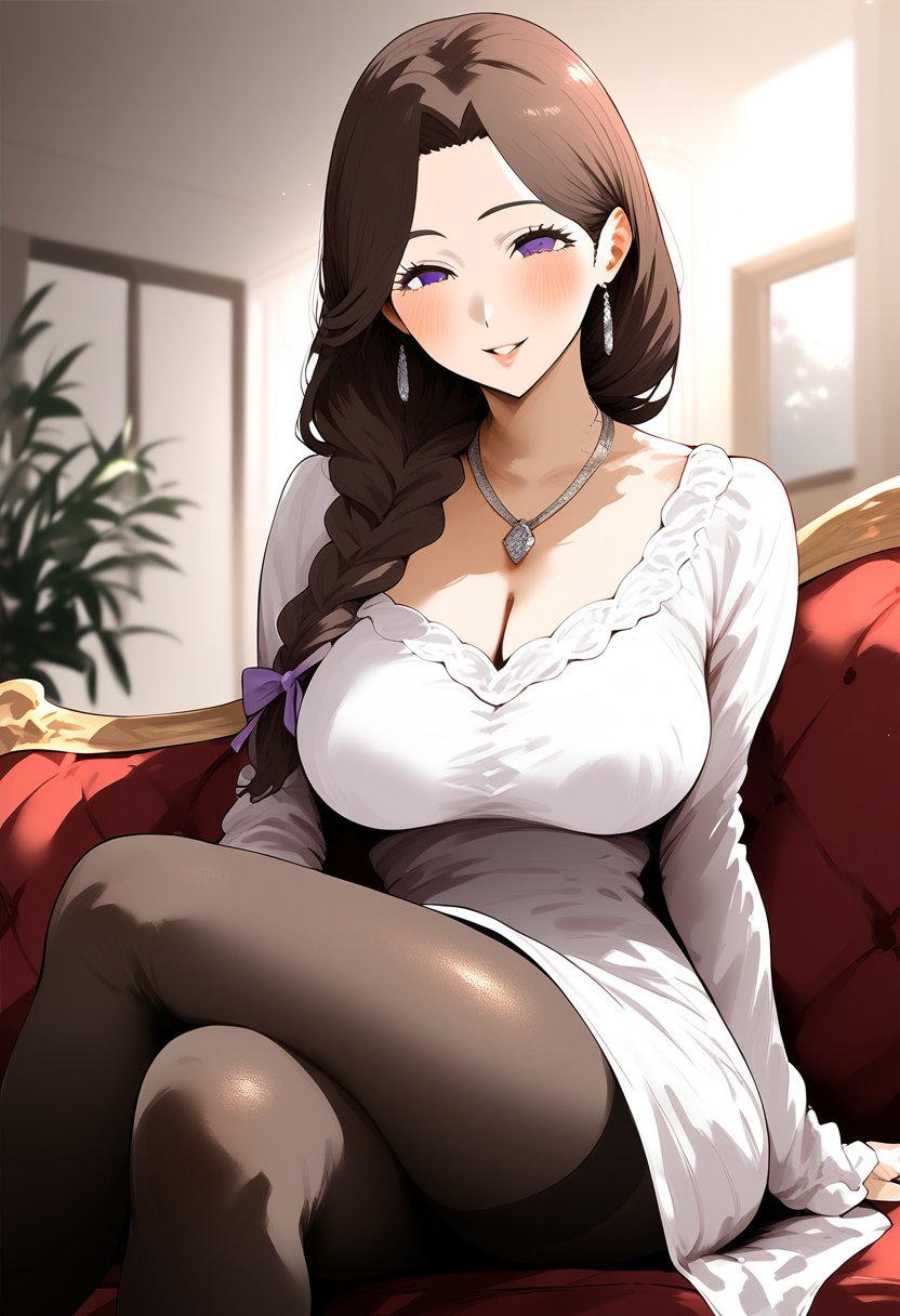 score_9, score_8_up, score_7_up, score_6_up, source_anime, <lora:STS 0.1v:1>,1girl, solo, long hair, breasts, looking at viewer, blush, smile, indoors, large breasts, brown hair, long sleeves, dress, jewelry, sitting, purple eyes, braid, hair ribbon, pantyhose, parted lips, pants, white dress, necklace, parted bangs, crossed legs, couch, mature female, on couch, living room, detailed background, depth of field, light particles, 