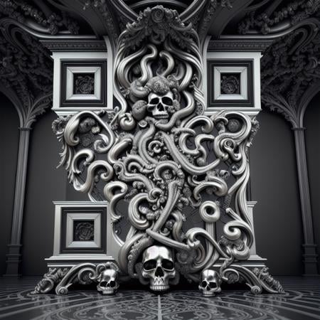 the source of future growth dramatic, elaborate emotive metallic Baroque and Rococo styles to emphasise death as a transcendental, seamless pattern, large motifs, sistine chapel ceiling, 8k image, sharp focus, gothic mothifs and (skulls:1) in rococo style, black metal forge,  black colors, 3D, no blur, sharp focus, photorealistic, insanely detailed and intricate, cinematic lighting, Octane render, epic scene, 8K