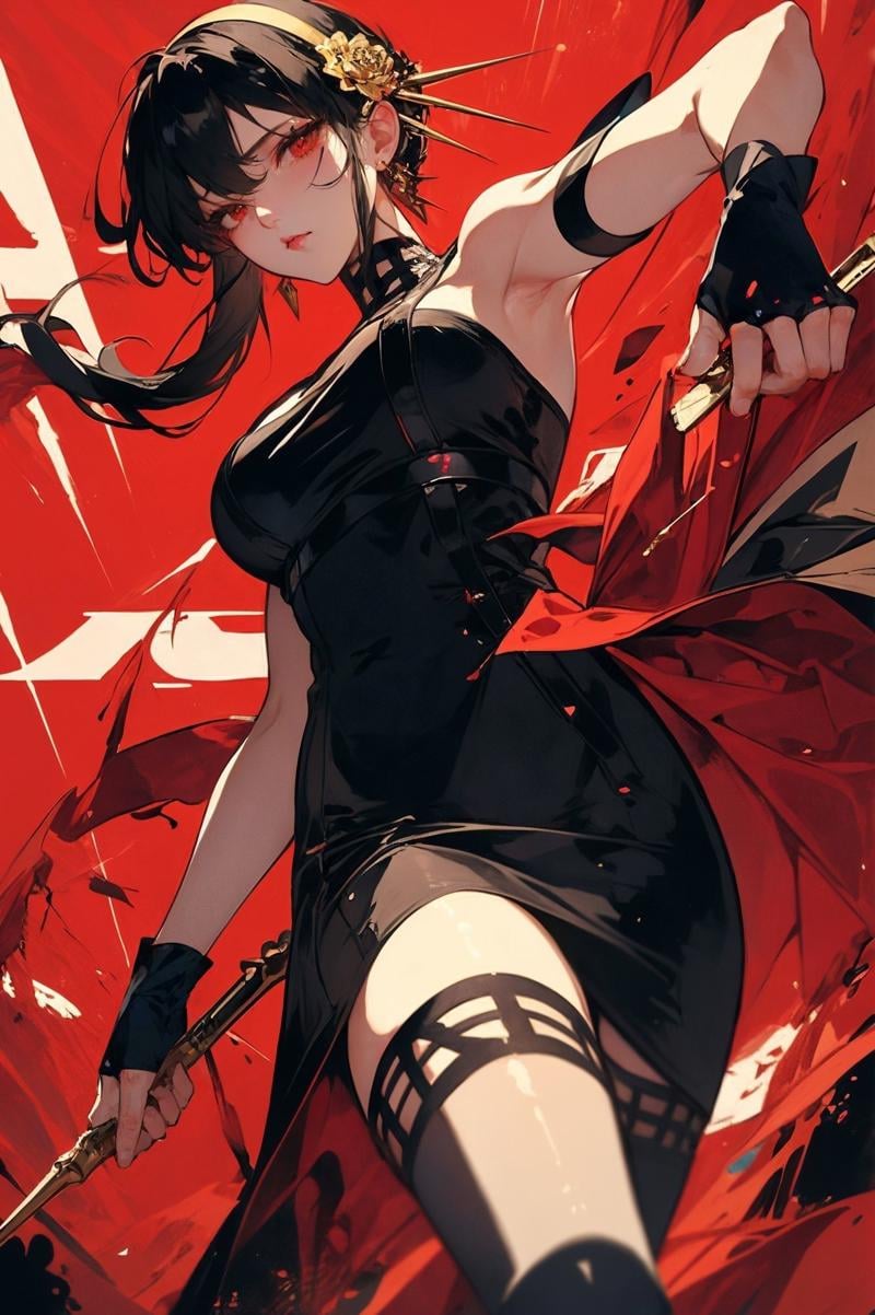 XUER Yor Forger,1girl,yor briar,red eyes,solo,dress,black hair,black dress,breasts,gloves,red background,holding,fingerless gloves,large breasts,holding weapon,black gloves,thighhighs,pantyhose,looking at viewer,blood,earrings,hairband,jewelry,bare shoulders,hair ornament,two-sided dress,sleeveless,armpits,dual wielding,flower,A shot with tension,(Visual impact,giving the poster a dynamic and visually striking appearance:1.2),impactful picture,(masterpiece, best quality:1.2),offcial art,movie perspective,advertising style,magazine cover,very aesthetic,disheveled hair,very aesthetic,illustration,disheveled hair,perfect composition,moist skin,intricate details,<lora:绪儿 约尔福杰 XUER Yor Forger:0.8>,
