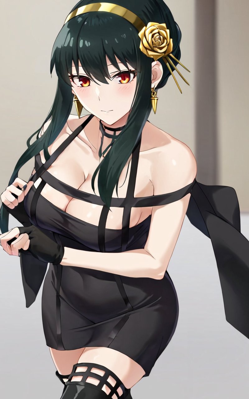 1girl, <lora:sdxl-sf-yor_briar:0.9>, yor briar, ibarahime, (slanted eyes), angry  updo (folded ponytail hair pulled back), (Folded tied hair), (bare_shoulders off shoulder black slit dress, black fingerless_gloves, gold hairband with hair flower, gold rose ornament, black thighhighs, high heel boots, collarbone, cleavage) , black hair sideburns, (slanted eyes) red eyes, medium breasts, shiny hair, bangs, gold earrings, long locks, hair between eyes, skindentation flustered look 