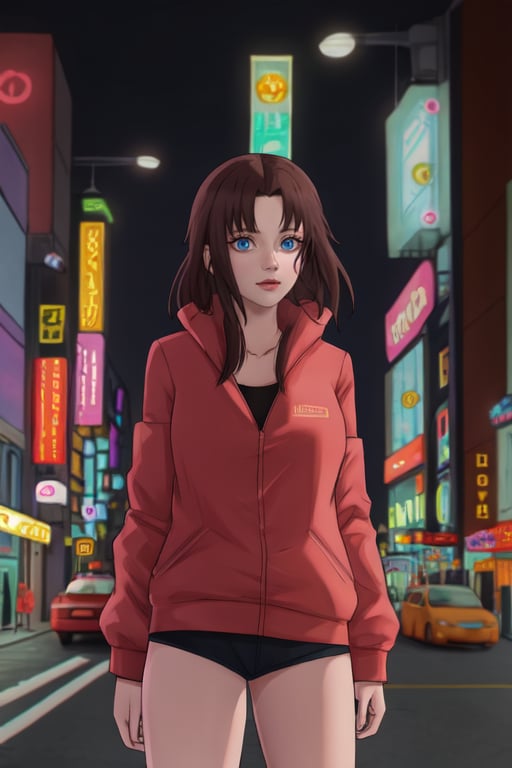 masterpiece, best quality, intricate details, anime, 1girl, cyberpunk girl, dark hair,  cowboy_shot, city outdoor <lora:megaaziib gloomy style:0.7>