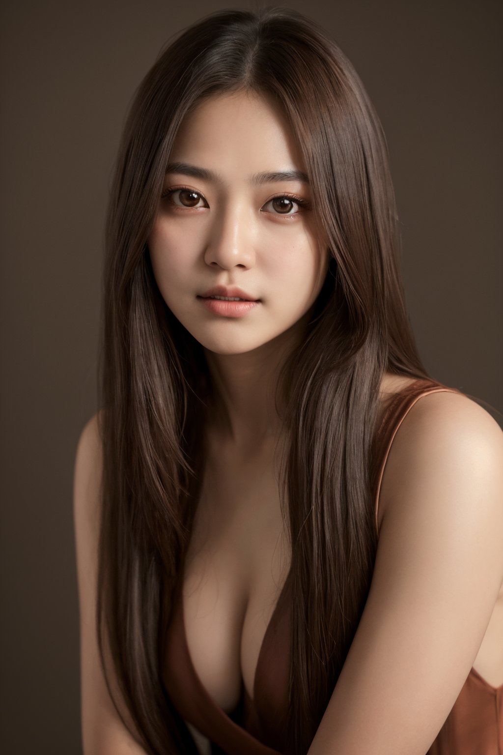 (masterpiece:1.35), (best-quality:1.4), 8k, ultra-detailed, photography, (ultra-realistic:1.4), 1girl, (portrait),  (in love, in love expression:0.7),  looking at viewer, (brown eyes:1.2), (long hair), deep v dress, simple background, (balanced photo, balanced exposure:1.2),
