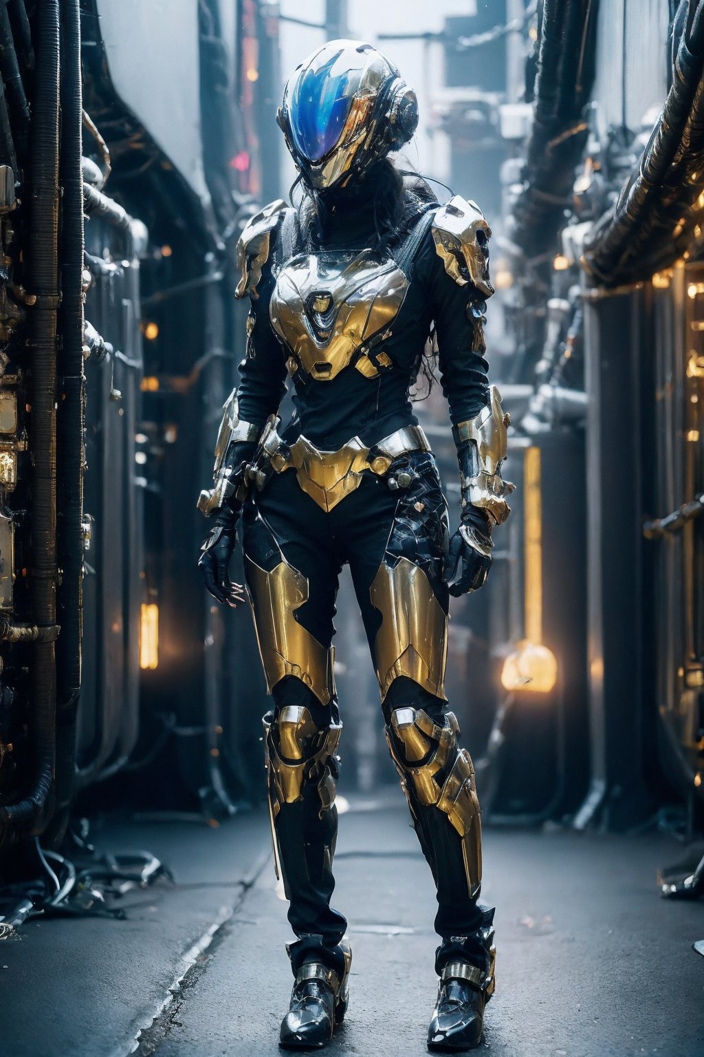 photorealistic,1girl,cyberpunk armor,helmet,(detailed face:1.2),(full body:1.2),realistic, science fiction, helmet, cable, cyberpunk, lips, screen, 