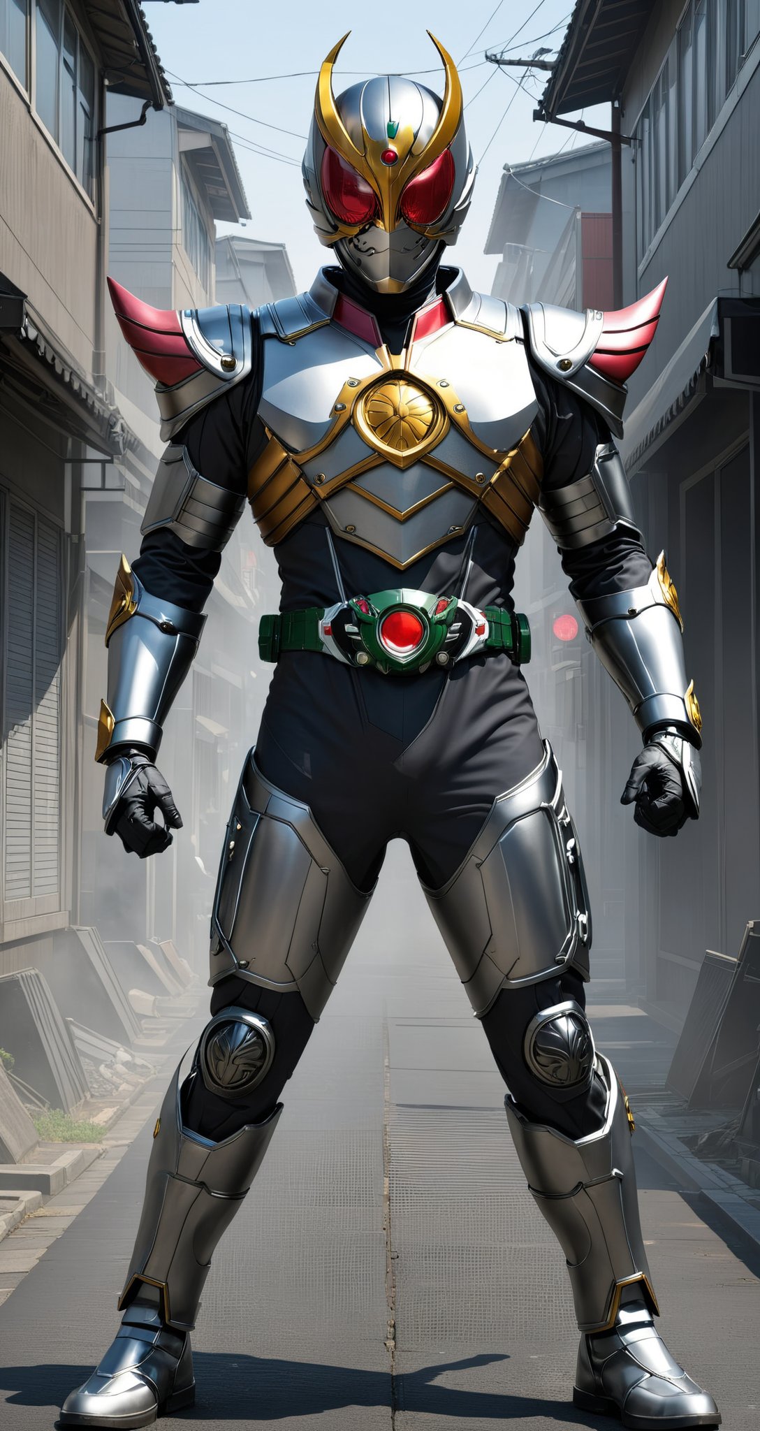 Kamen rider style, the masquerade guardian of the will of steel, wearing a steel suit and a mask of perseverance, stands in every corner of the city, guarding the peace of the citizens. In the face of evil, without flinching, with iron fist and faith to defend justice.