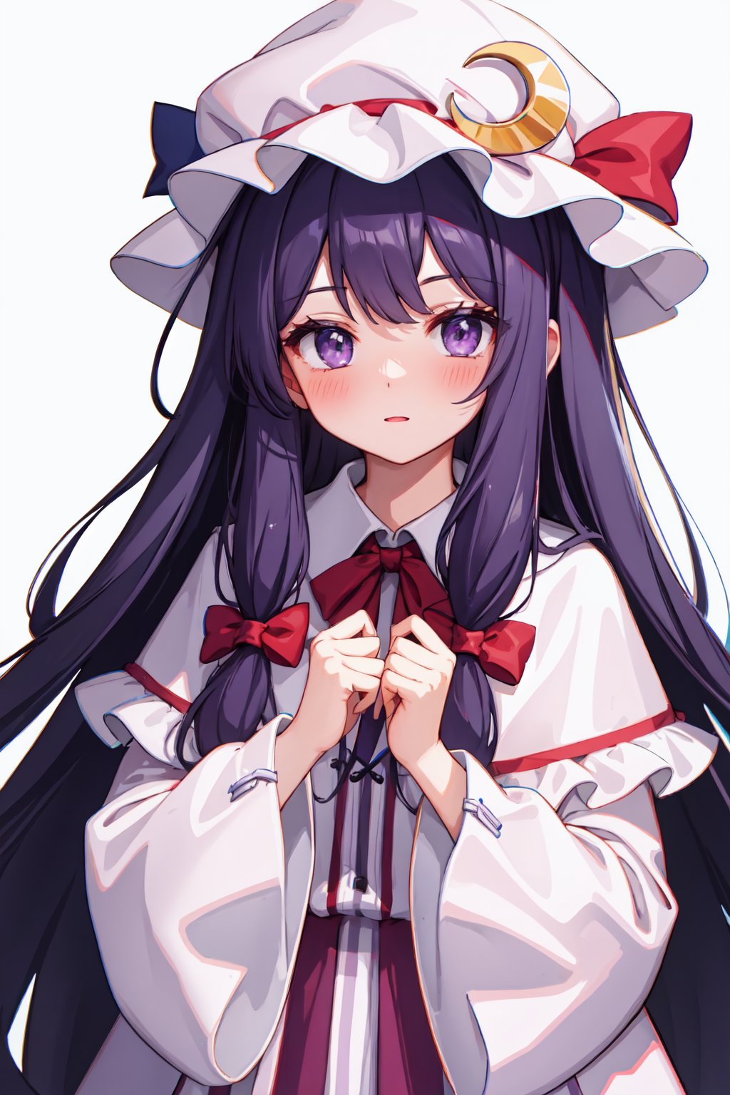 patchouli_knowledge,1girl,mob_cap,looking_at_viewer,hair_bow,red_bow,crescent_hat_ornament,blue_bow,blush,solo,long_sleeves<lora:patchouli_knowledge:1>,simple background,white backgroundmasterpiece,best quality, highly detailed, 