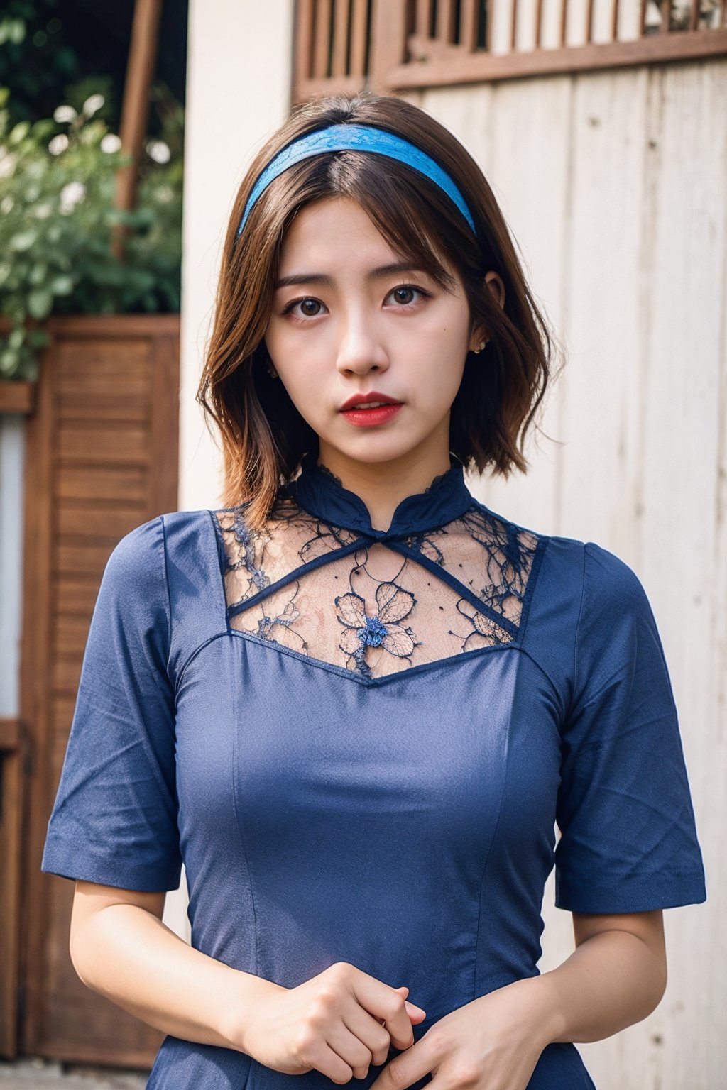 (blue cheongsam), (cute lace hair band), cowboy shot, bokeh, Busan cafe, outdoor, short hair,<lora:aiManjaYTL-10:0.8>