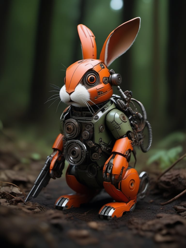 jixie,This is a mechanized rabbit with a cyberpunk style. The rabbit's body has been mechanized. The characteristics of gears and wires are very obvious, which can be seen from its mechanical details and the pliers-like weapon in its hand. The background indicates an outdoor scene, possibly a forest or woodland area, as there are green leaves and natural debris on the ground. The orange and brown tones of the rabbit blend into the surrounding environment. Turning around and looking at the screen, there is soft light,<lora:仿生机械V1:0.7>,