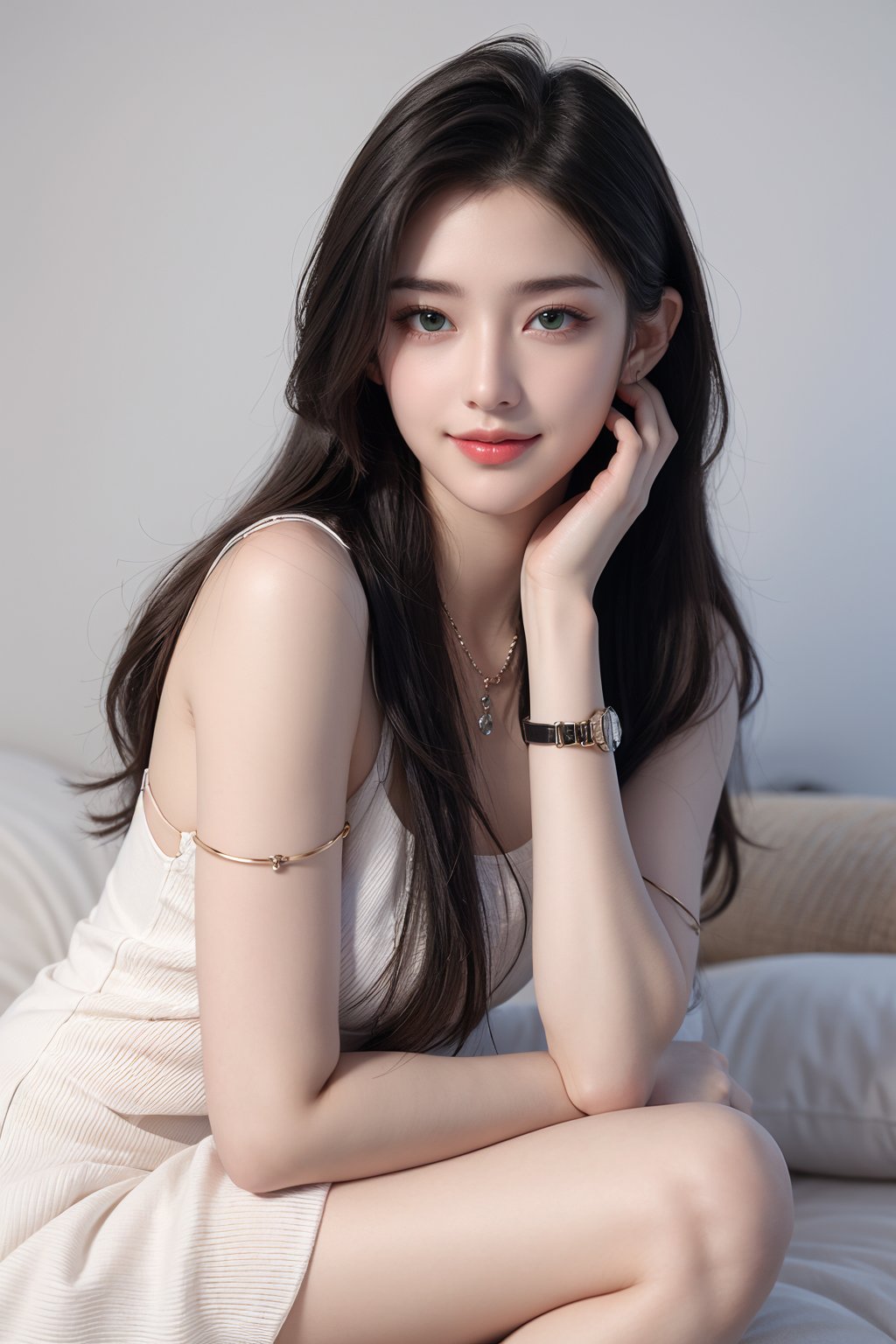 1girl, black hair, bracelet, dress, green eyes, lips, long hair, looking at viewer, pillow, realistic, sitting, smile, solo, watch, white dress, wristband, wristwatch <lora:美女:0.8>