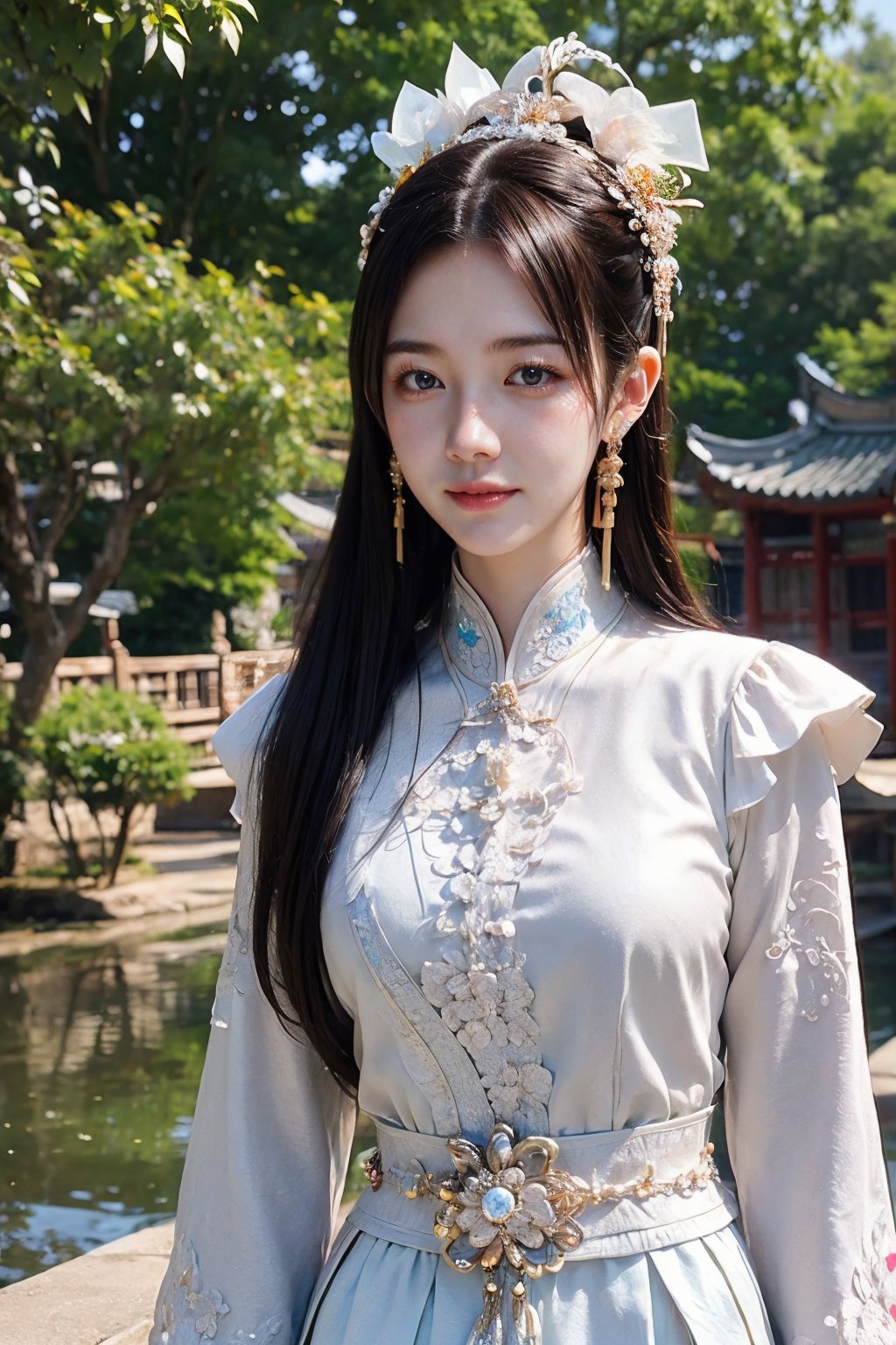 CAFC,1girl,solo,long hair,white clothes,earrings,jewelry,hair accessories,upper body,suburban scenery,east asian,chinese style architecture,