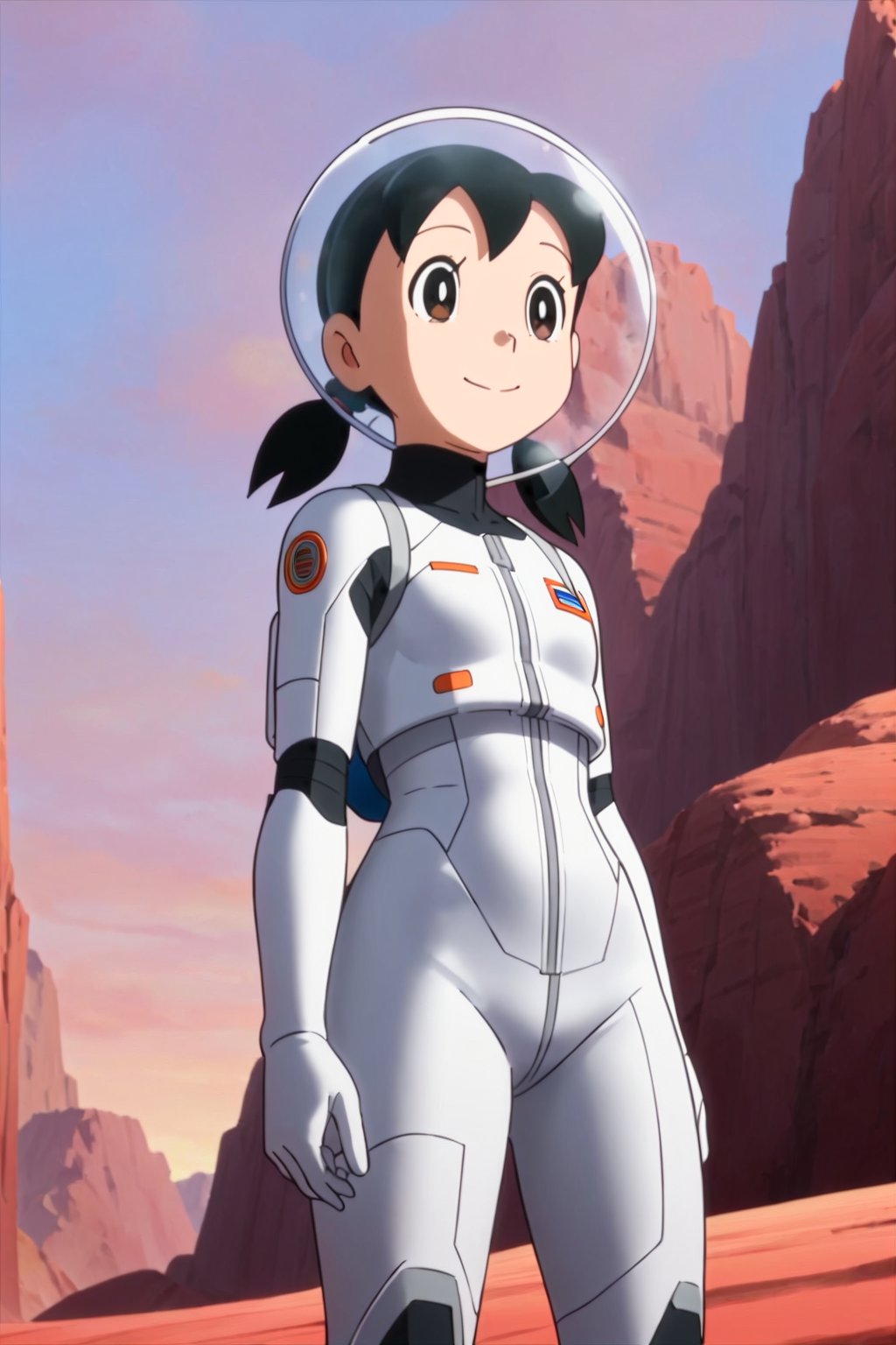 score_9, score_8_up, score_7_up, score_6_up, score_5_up, score_4_up, source_anime,minamoto shizuka, black hair, twintails, cowboy shot, 1girl, solo, smile, Girl in a spacesuit stepping onto the surface of Mars, Earth visible in the distance, vast red landscape, futuristic colony in the background, sense of wonder and exploration, epic sci-fi scene, hyper-realistic detail,masterpiece, perfect face, best quality, beautiful girl, cute girl, beautiful eyes, shiny eyes, anime coloring, anime screencap, absurdres,  <lora:minamoto shizuka mala 912:0.8>