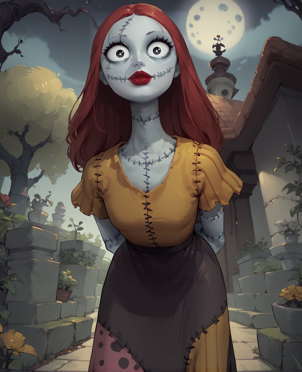 score_9,score_8_up,score_7_up,Sallyxl,stitches,long red hair,black eyes,small pupils,large eyes,lipstick,dress,looking at viewer,garden,arms behind back,from below, leaning forward, yellow moonlight, trees,night,solo,<lora:Sally:0.9>,