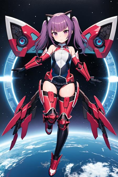 1girl, ichijou ayaka, ace suit, another gear, alice gear, twintails, sidelocks, red collar, elbow gloves, bare shoulders, black gloves, fake animal ears, headgear, red thighhighs, black leotard, detached sleeves, red footwear, gauntlets, armored boots, mecha musume, space, planet <lora:fingers4civitai:1:1:lbw=OUTALL> <lora:ichijou_ayaka_locon_v1:0.7>