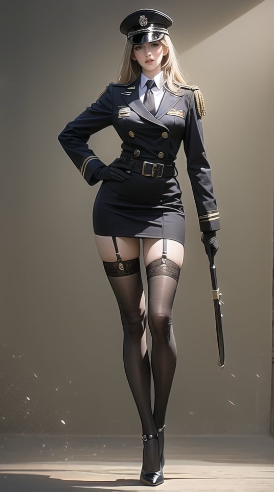 (best quality), ((masterpiece)), (highres), illustration, original, extremely detailed,1girl, solo, thighhighs, high heels, long hair, hat, uniform, blonde hair, garter straps, skirt, riding crop, military, military uniform, gloves, navel, midriff, hand on hip, necktie, full body, miniskirt, belt, black thighhighs, looking at viewer, peaked cap