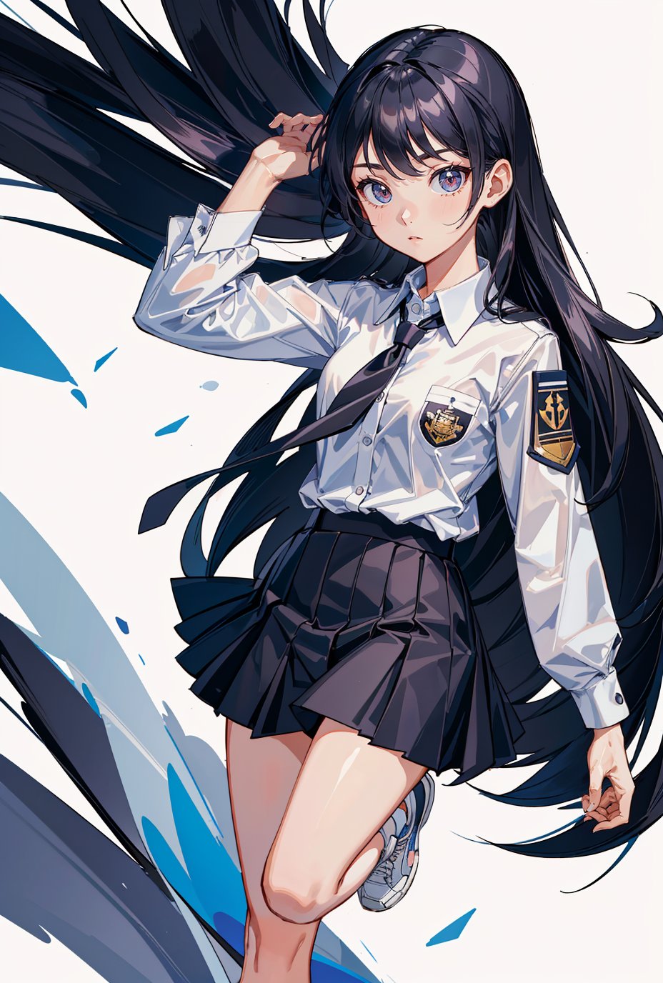 1girl, long hair, school badge, collared shirt, shirt tucked in, shirt with black lining, necktie, short, white sneakers, petite, (masterpiece, best quality, hires, high quality, by professional artist, ultra detailed, extremely detailed, absurdres, incredibly resolution:1.2)