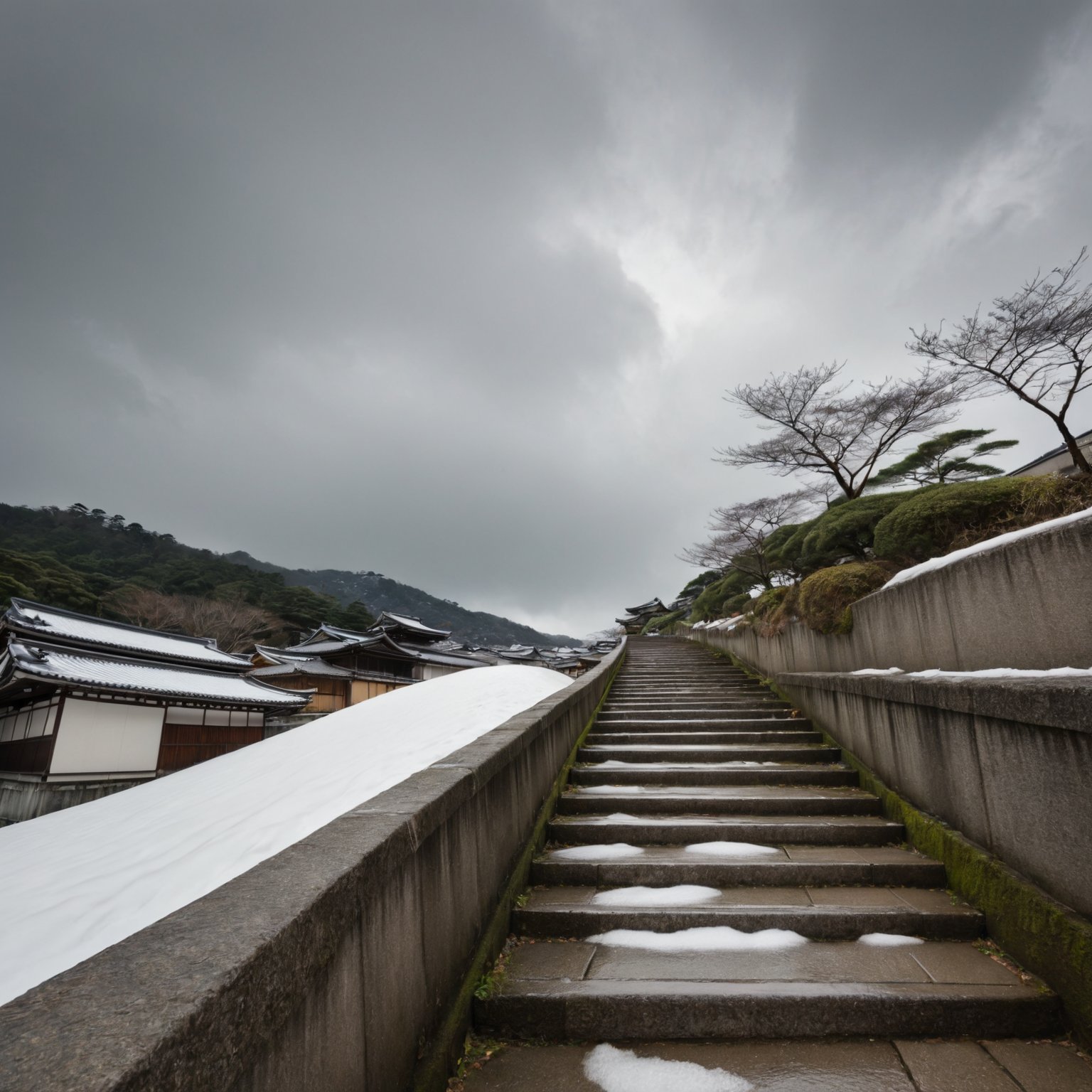 Eight stone steps leading down to the river from the city of Kyoto. Cloudy sky. dim. snow. A composition looking up at the city. Realistic. Fantastic