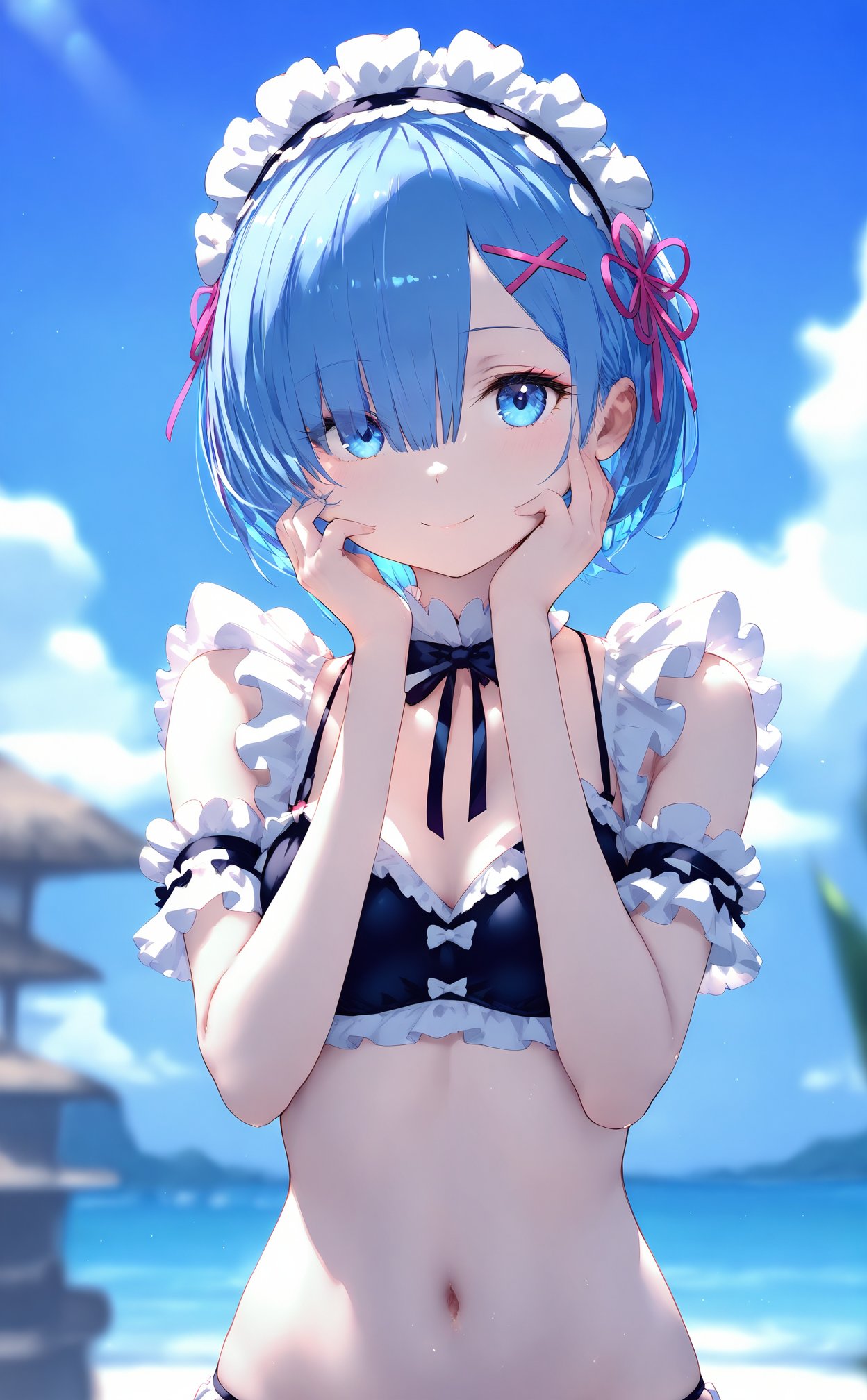 masterpiece,best quality,high quality,(colorful),nai3 Style,loli,1girl,blue hair,solo,rem \(re:zero\),short hair,blue eyes,hair over one eye,maid,unconventional maid,x hair ornament,hair ornament,hands on own face,maid bikini,maid headdress,upper body,swimsuit,blurry,hands on own cheeks,navel,bikini,smile,asian,blurry background,looking at viewer,lips,frills,arm garter,ribbon,closed mouth,outdoors,day,bare shoulders,