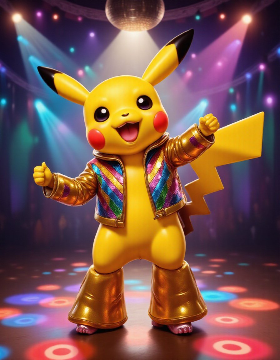 A vibrant depiction of Pikachu in a 1970s-style disco suit with a shiny, sequined jacket, flared pants, and platform shoes. He is dancing energetically on a disco floor with colorful lights and a sparkling disco ball overhead. (retro, energetic, vibrant, playful, dynamic, colorful)