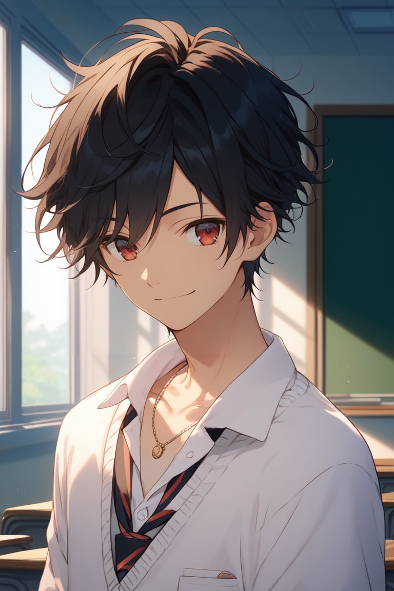 Score_9,score_8_up,score_7_up,Highly detailed, masterpiece, high quality, beautiful, high resolution, good details,1boy,solo,male focus,mezcla5v2,upper_body,black hair,red eyes,smile,classroom,cardigan,collarbone,necklace,looking_at_camera.<lora:EMS-412513-EMS:1.000000>