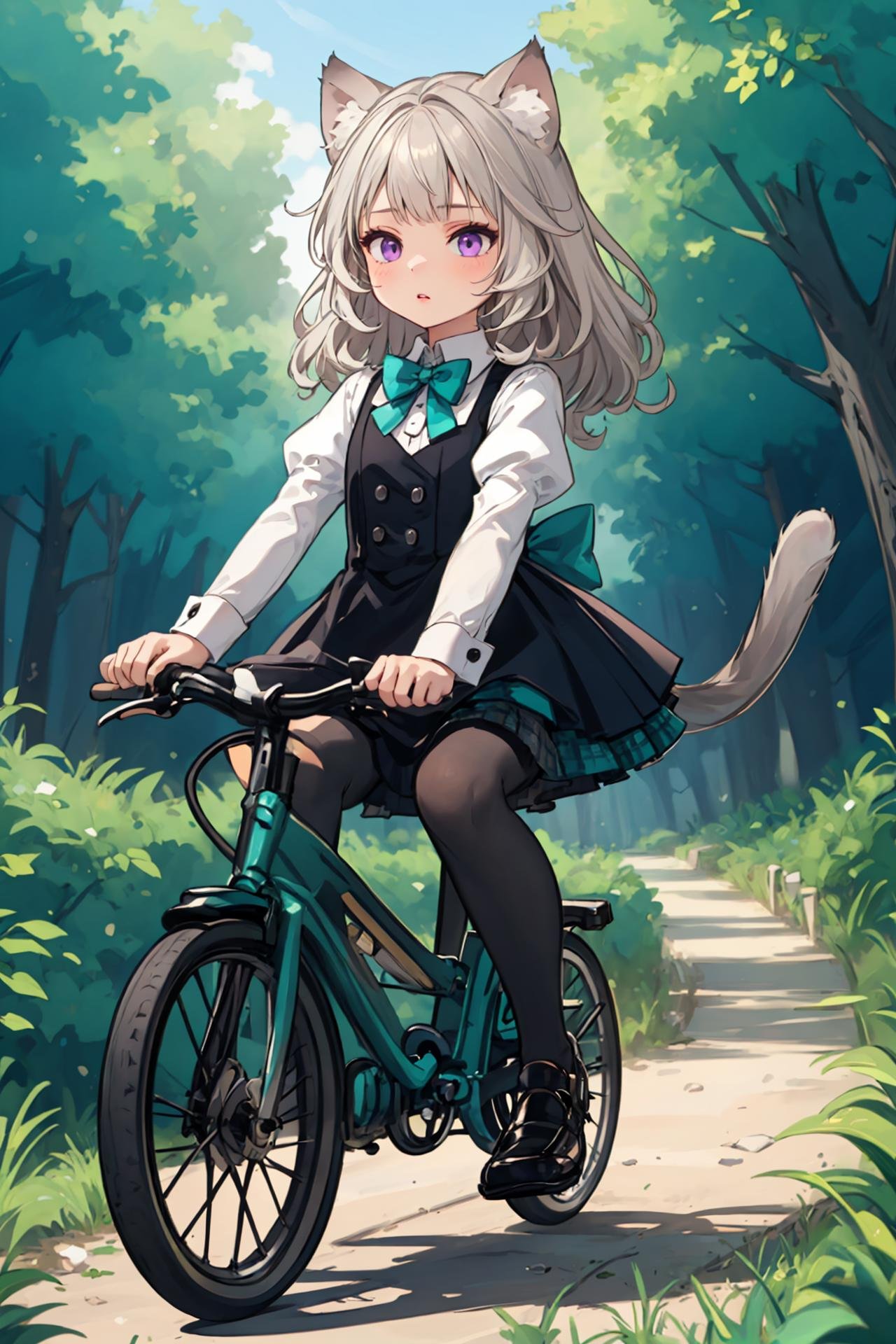 masterpiece, best quality, solo, 1girl, full body, expressionless, parted lips, (riding a bicycle:1.3), holding handlebars, outdoors, forest path, trees, <lora:Genshin_Little_Lynette_v2-000360:0.6>, long hair, long sleeves, black dress, black vest, collared shirt, teal bow, cat ears, parted lips, purple eyes, cat tail, grey hair, grey pantyhose, black loafers, puffy sleeves, bowtie, plaid skirt, pleated skirt, black skirt, teal skirt